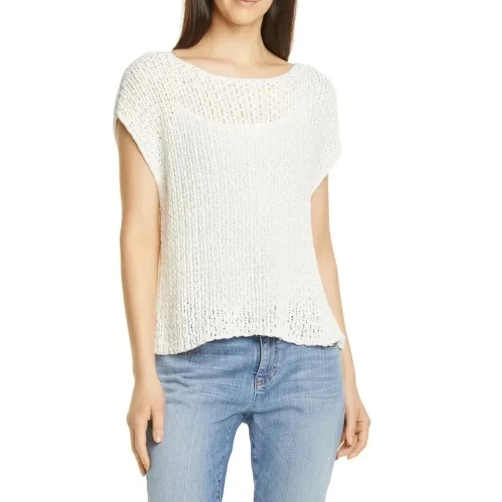 Nwot $158 Eileen Fisher Tape Yarn Sweater Cap Sleeves - Organic Cotton Minimal